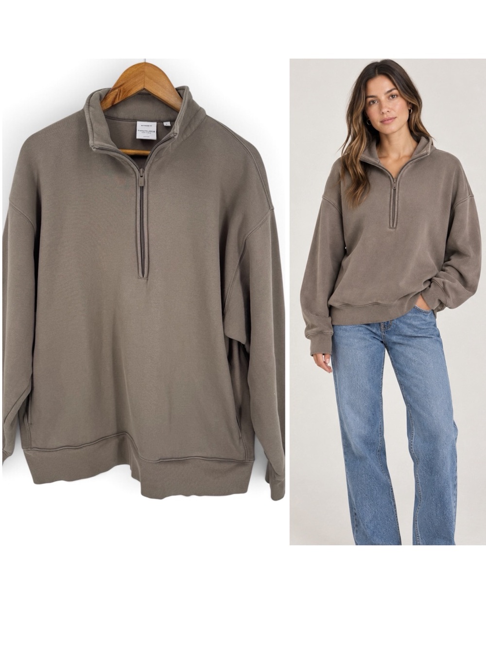 Aritzia Sweatfleece Boyfriend Fit Cozy Fleece Taupe Sweatshirt 1/4 Zip
